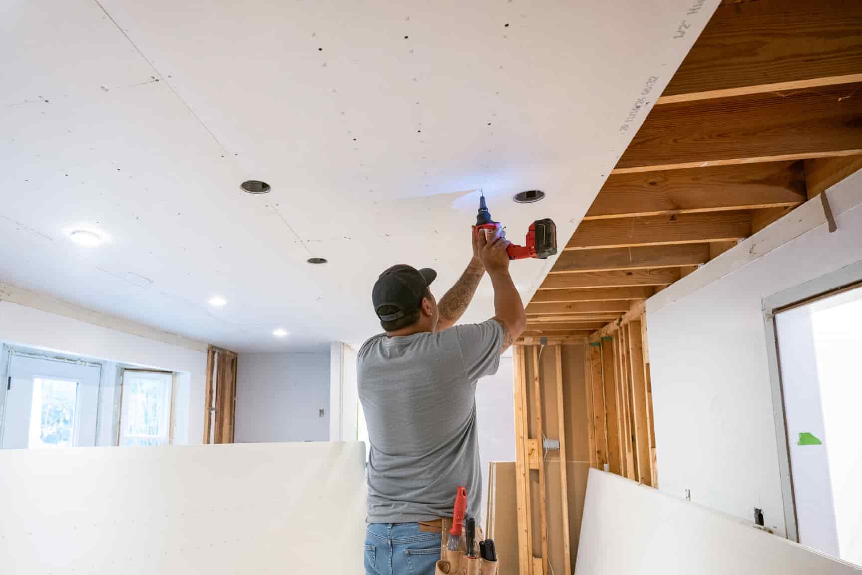 Ceiling drywall being installed in a San Diego home